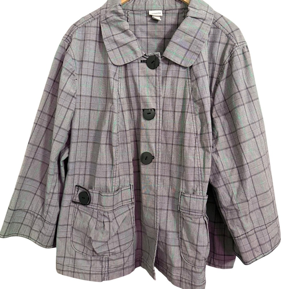 Venezia Plaid Button Front‎ Peplum Jacket Women's Size 26 Gray Mint Green